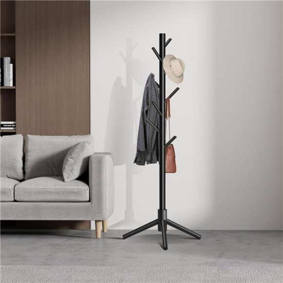 Wooden Coat Rack, Free Standing Coat Rack with 8 Hooks 3 Adjustable Heights - Picture 2 of 7